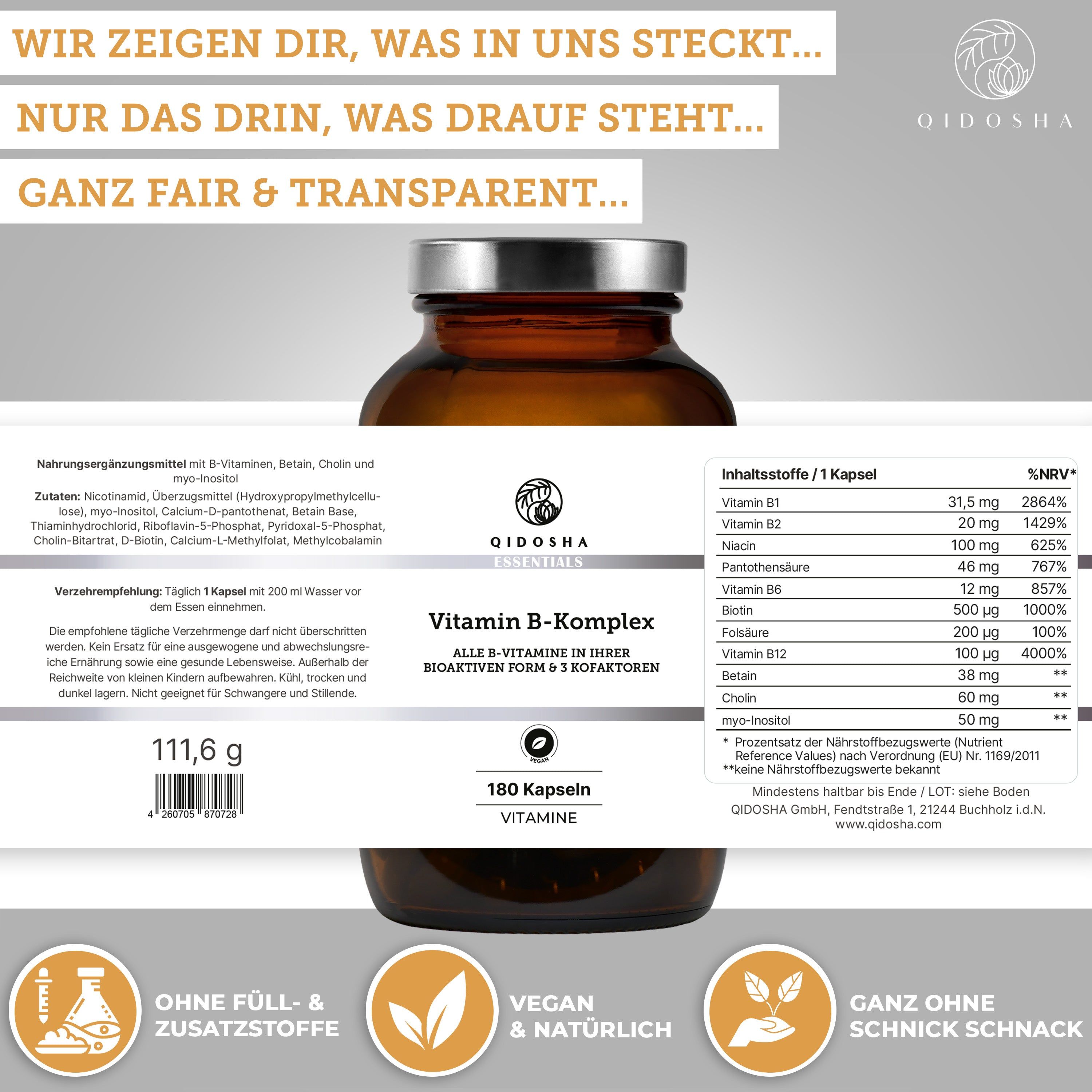 QIDOSHA Vitamin B-Komplex Flasche mit Nährwerttabelle und Informationen zu Inhaltsstoffen.