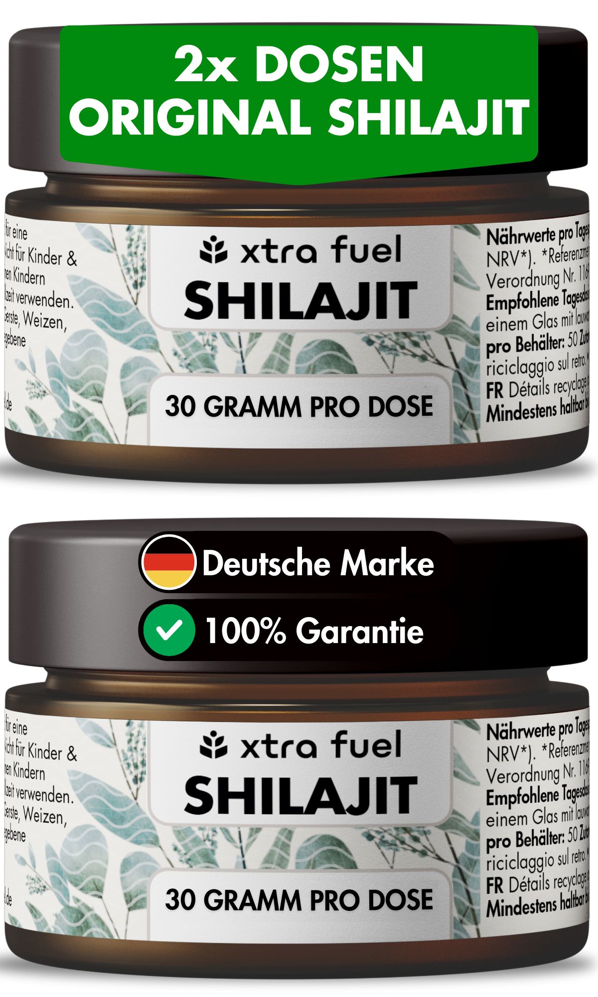 Zwei Dosen Shilajit. Text: 2x Dosen Original Shilajit. 30 Gramm pro Dose. Deutsche Marke. 100% Garantie.