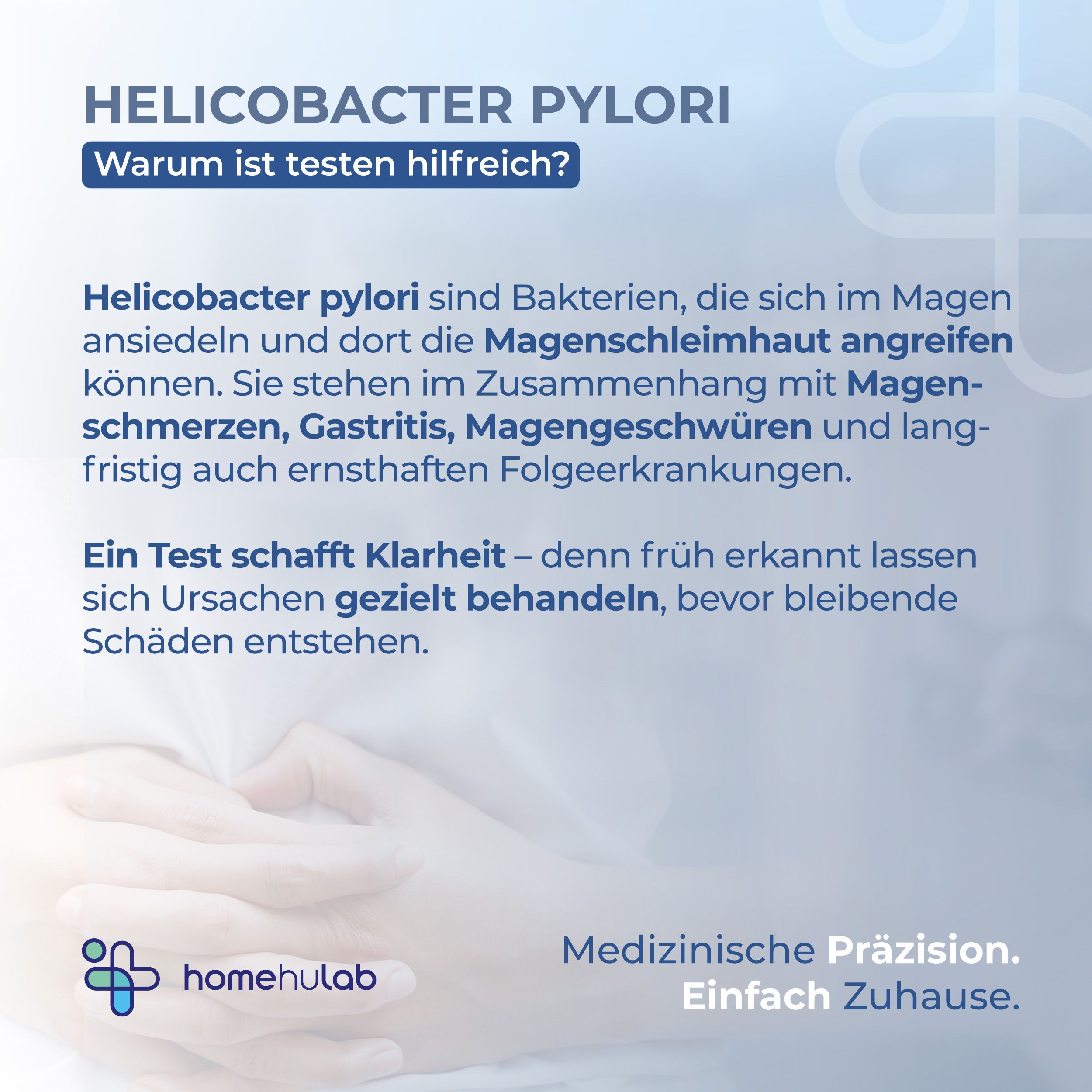 Text über Helicobacter pylori. Erläutert Symptome und die Notwendigkeit eines Tests.