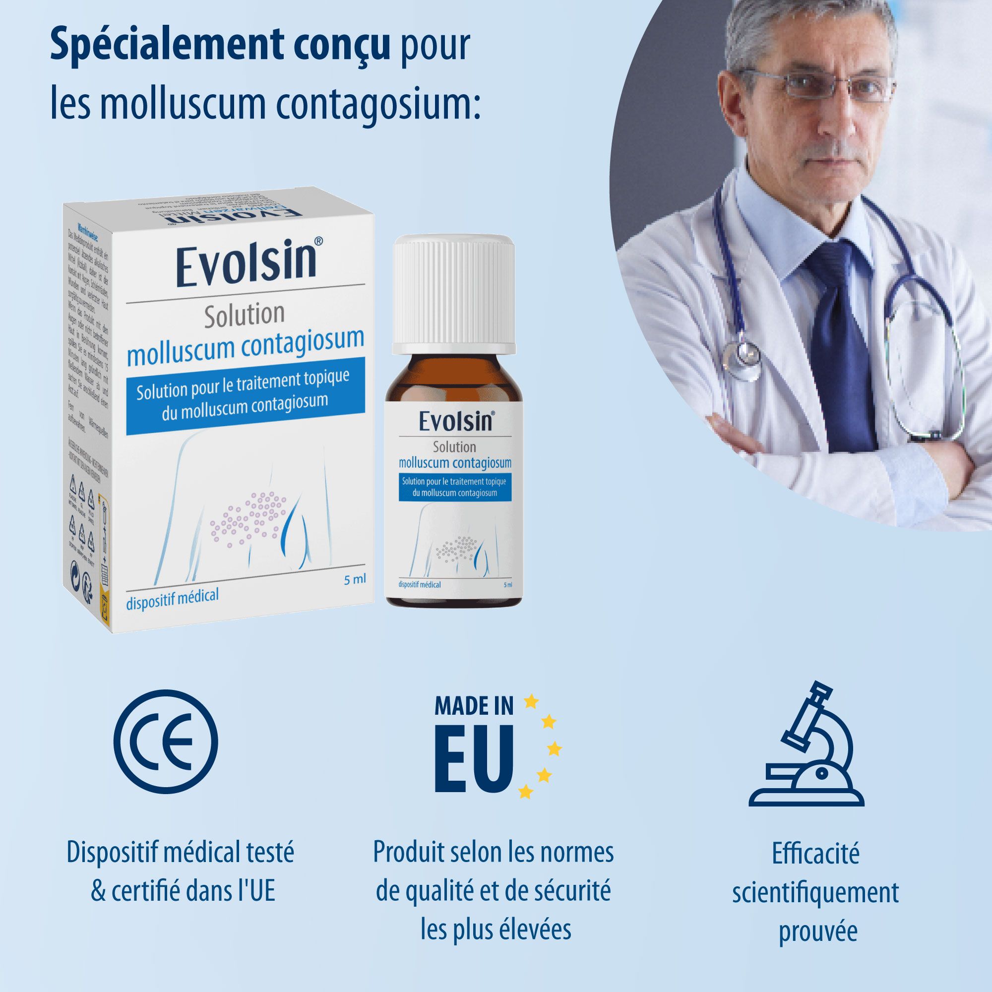 Evolsin-Flasche und -Schachtel neben einem Arzt. CE-Zeichen, Made in EU, Mikroskop-Symbol.