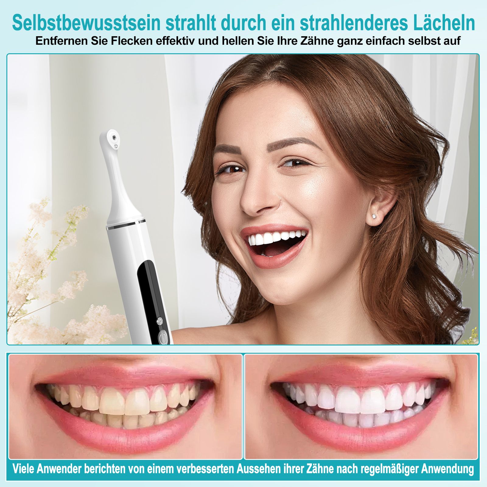 Zahnpolierer mit Frau. Vorher-Nachher-Vergleich der Zähne. Text: Entfernen Sie Flecken effektiv und hellen Sie Ihre Zähne ganz einfach selbst auf.
