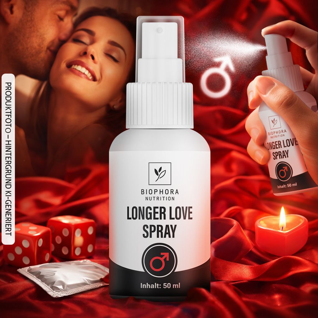 Ein Sprühflakon 'Longer Love Spray' wird in der Hand gehalten, während ein Paar sich küsst. Würfel und ein Kondom sind zu sehen.