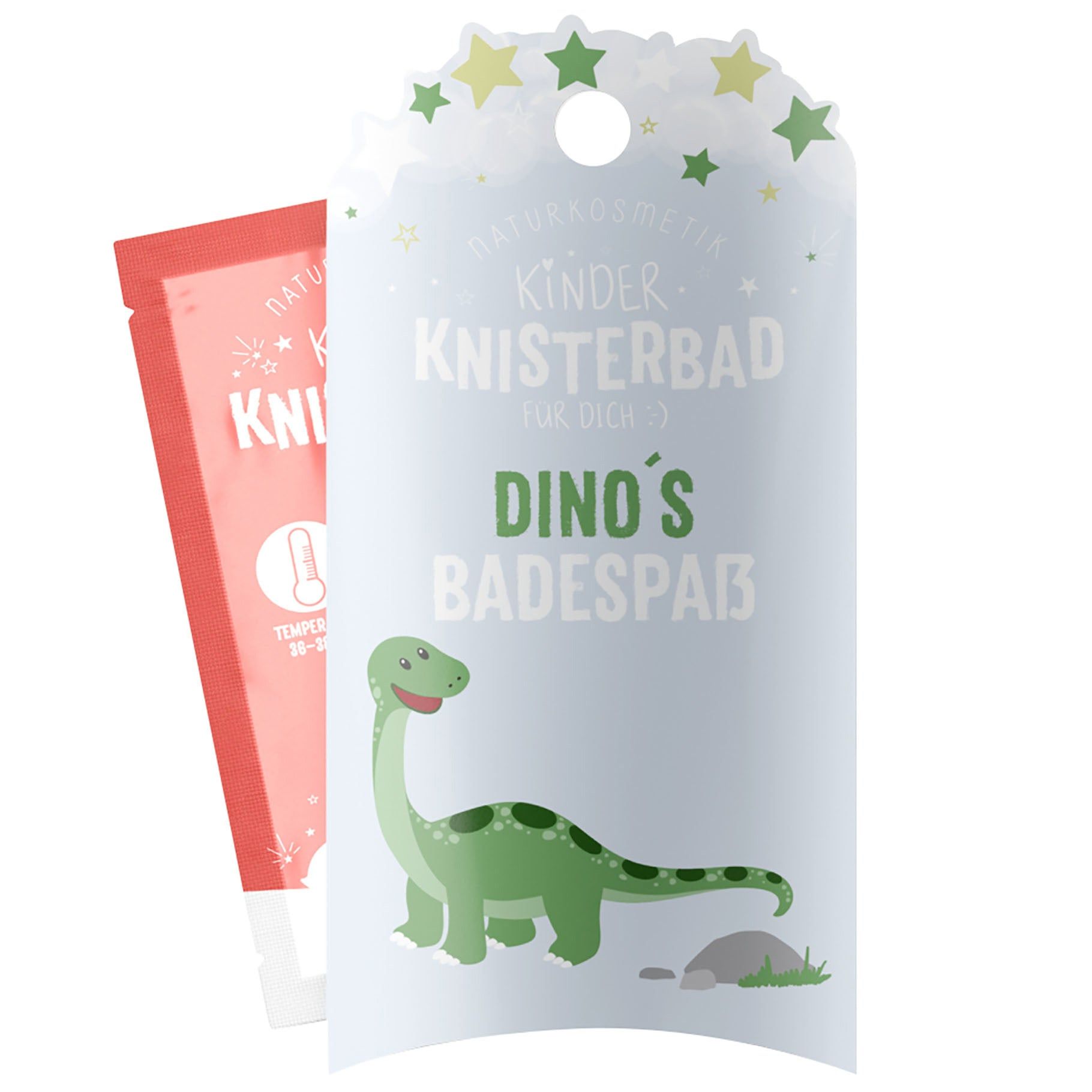 Productverpakking met tekst: Kinder Knisterbad für dich, Dino's Badespaß. Illustratie van een groene dinosaurus.