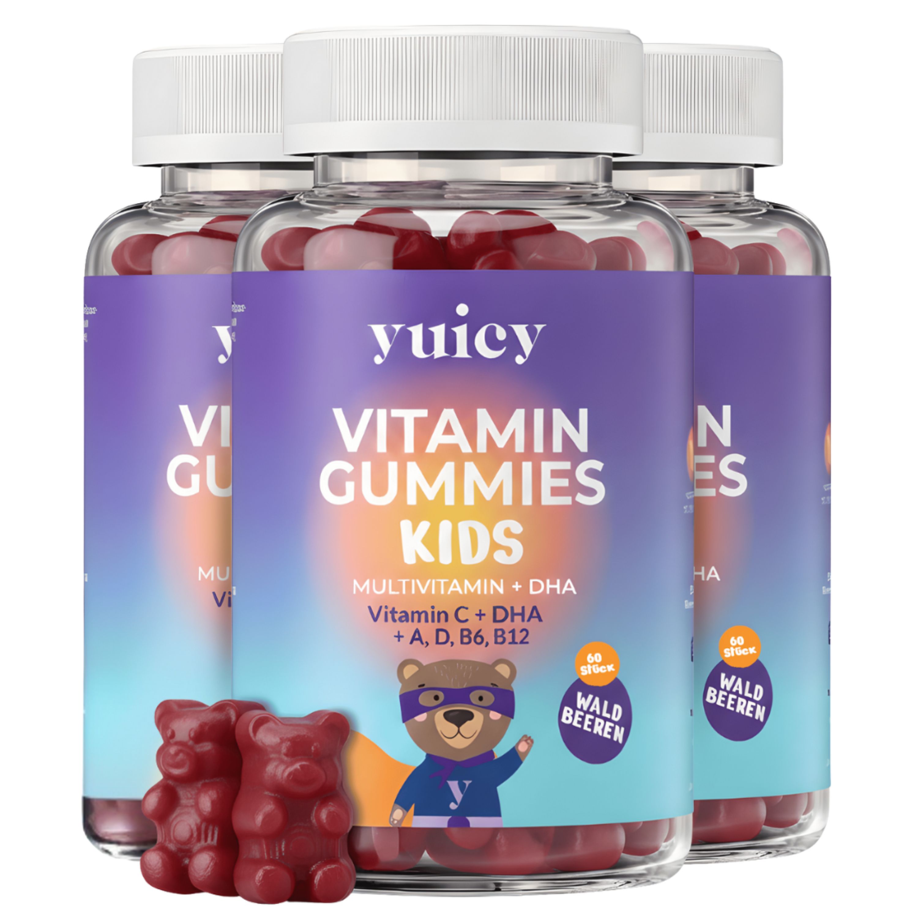 Drei Flaschen yuicy® Vitamin Gummies Kids. Rote Gummibärchen liegen davor. Aufschrift: Vitamin Gummies Kids, Waldbeeren.
