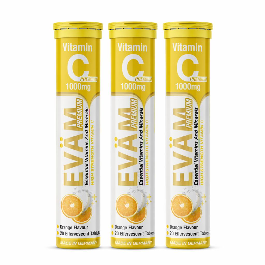 Drei gelbe Röhrchen mit EVÄM Vitamin C 1000mg. Aufschrift: Premium, 20 Brausetabletten, Orange Geschmack. Hergestellt in Deutschland.