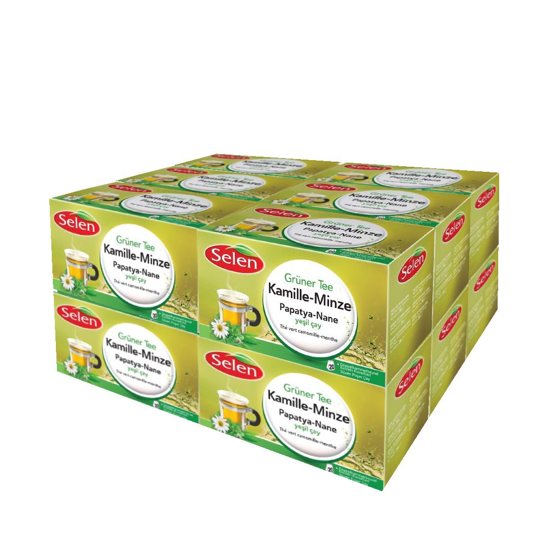 Mehrere grüne Tee-Verpackungen, gestapelt. Aufdruck: Selen, Grüner Tee Kamille-Minze, Papatya-Nane. Abbildung einer Tasse Tee.