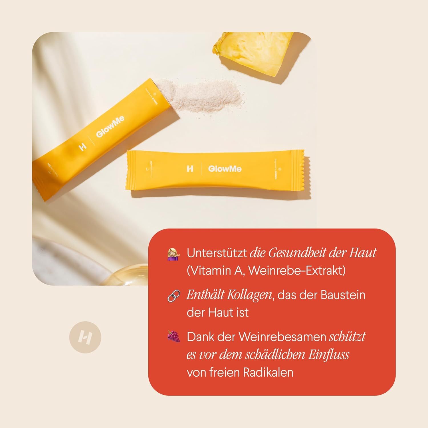 Gelbe Beutel mit Produkt. Text: GlowMe. Aufschrift: Vitamin A, Weinrebe-Extrakt. Roter Textblock mit Produktinformationen.