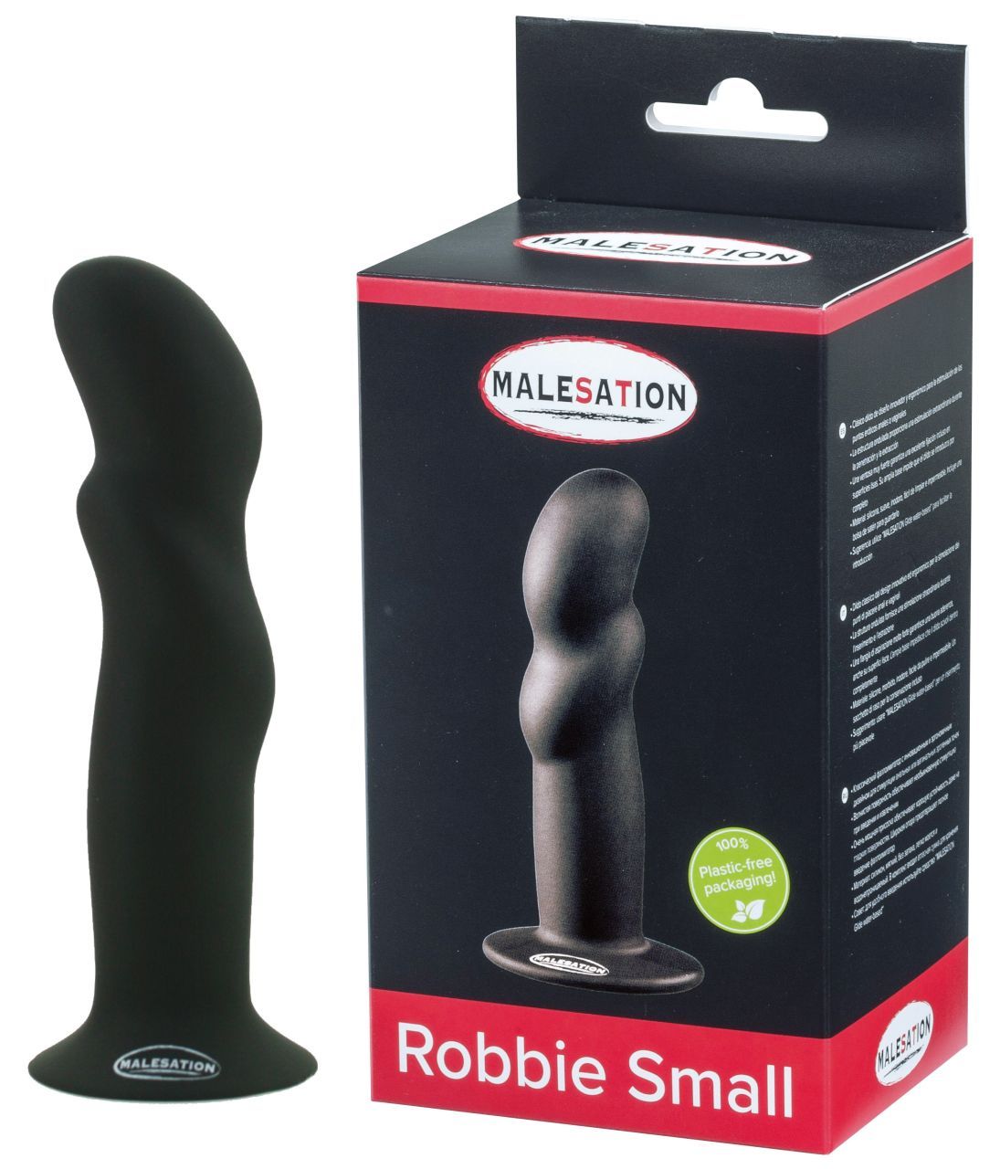 Schwarzer Dildo mit gebogener Form und Saugnapf. MALESATION-Logo auf der Basis. Verpackung: Robbie Small.