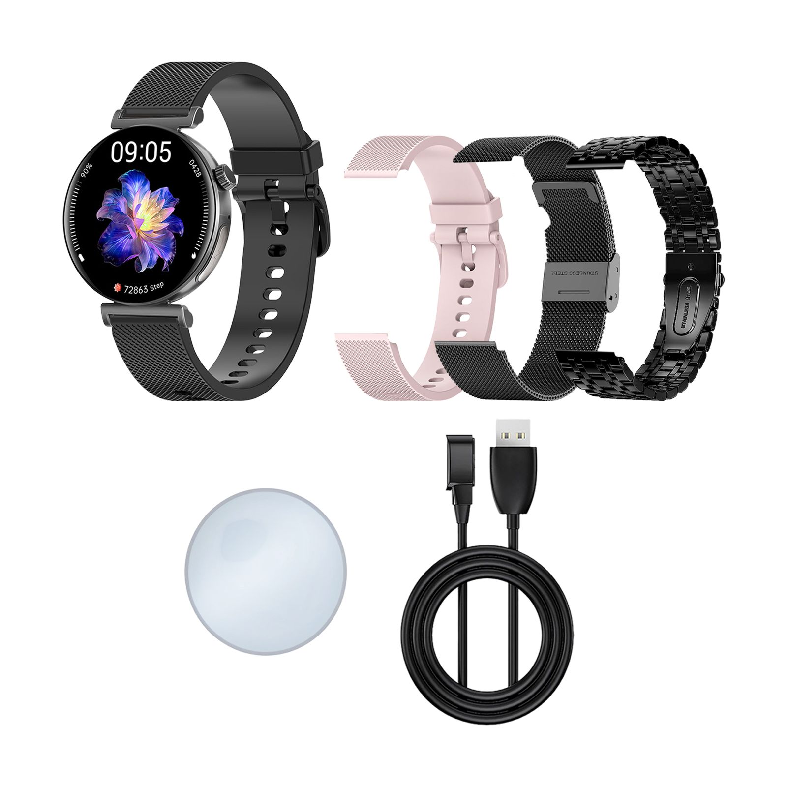 Smartwatch mit schwarzem Metallarmband, rosa und schwarze Armbänder, Ladegerät und Ladeschale. Zifferblatt mit Uhrzeit und Grafik.