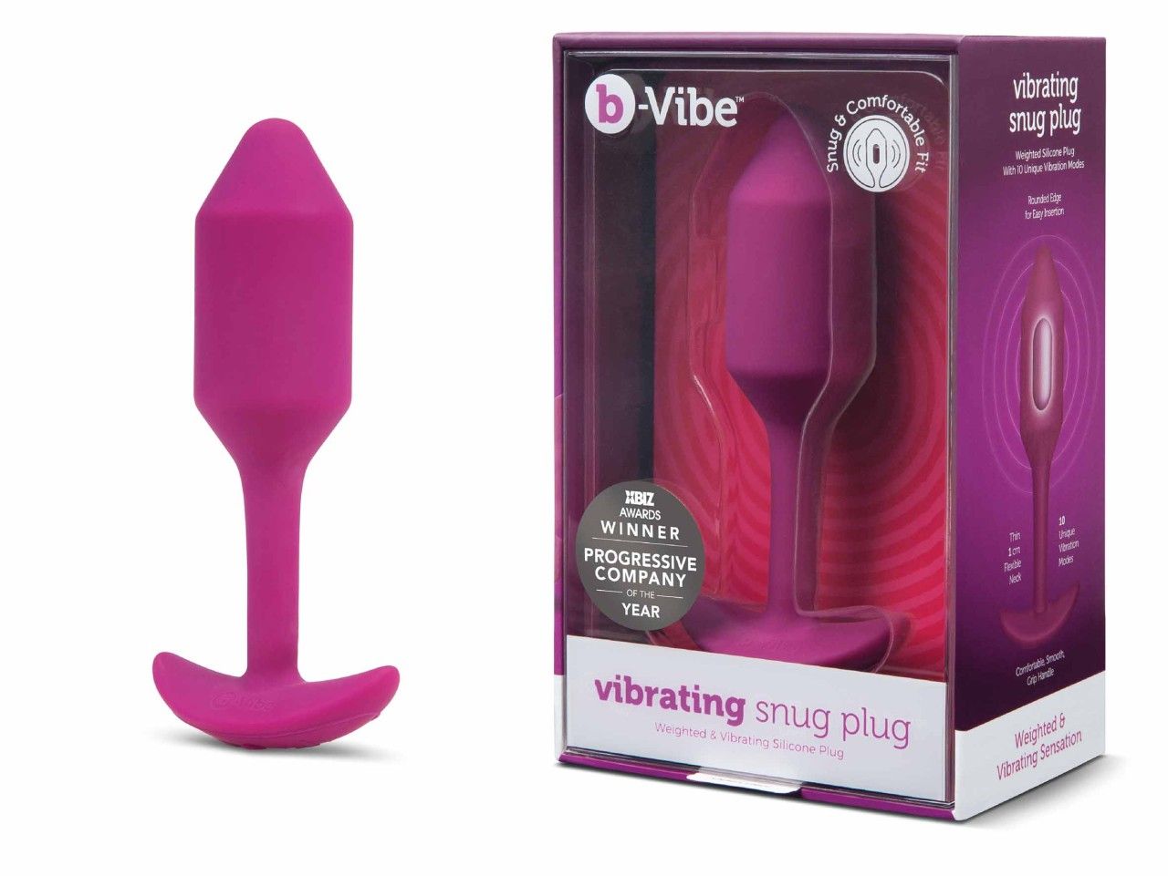 Lila Plug und Verpackung. Auf der Verpackung steht 'b-Vibe vibrating snug plug'. Auszeichnungen sind sichtbar.