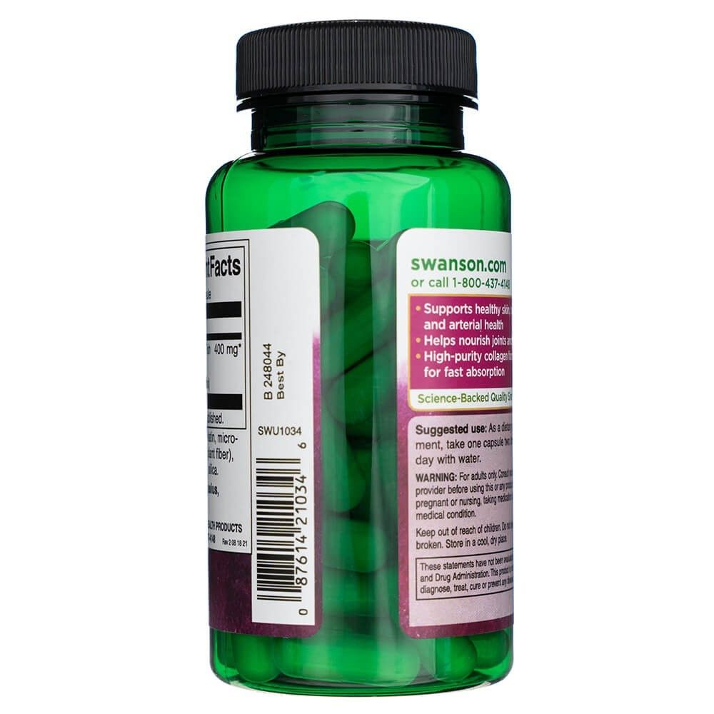 Grüne Flasche SWANSON Marine Kollagenpeptide mit sichtbaren Kapseln und Hinweisen.