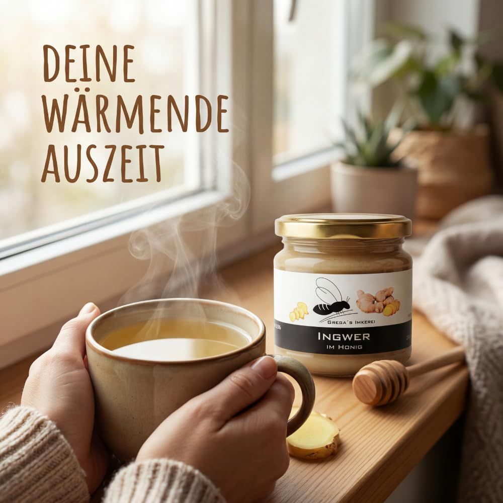 Glas Honig mit Ingwergeschmack, daneben eine Tasse dampfenden Tees und ein Honiglöffel.