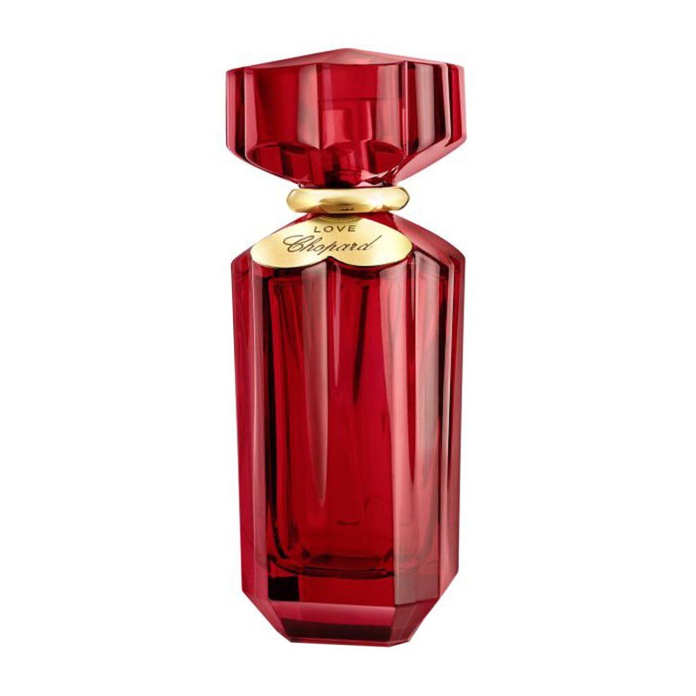 Roter Flakon mit goldfarbenem Verschluss. Aufschrift: Love Chopard. Geometrische Form.