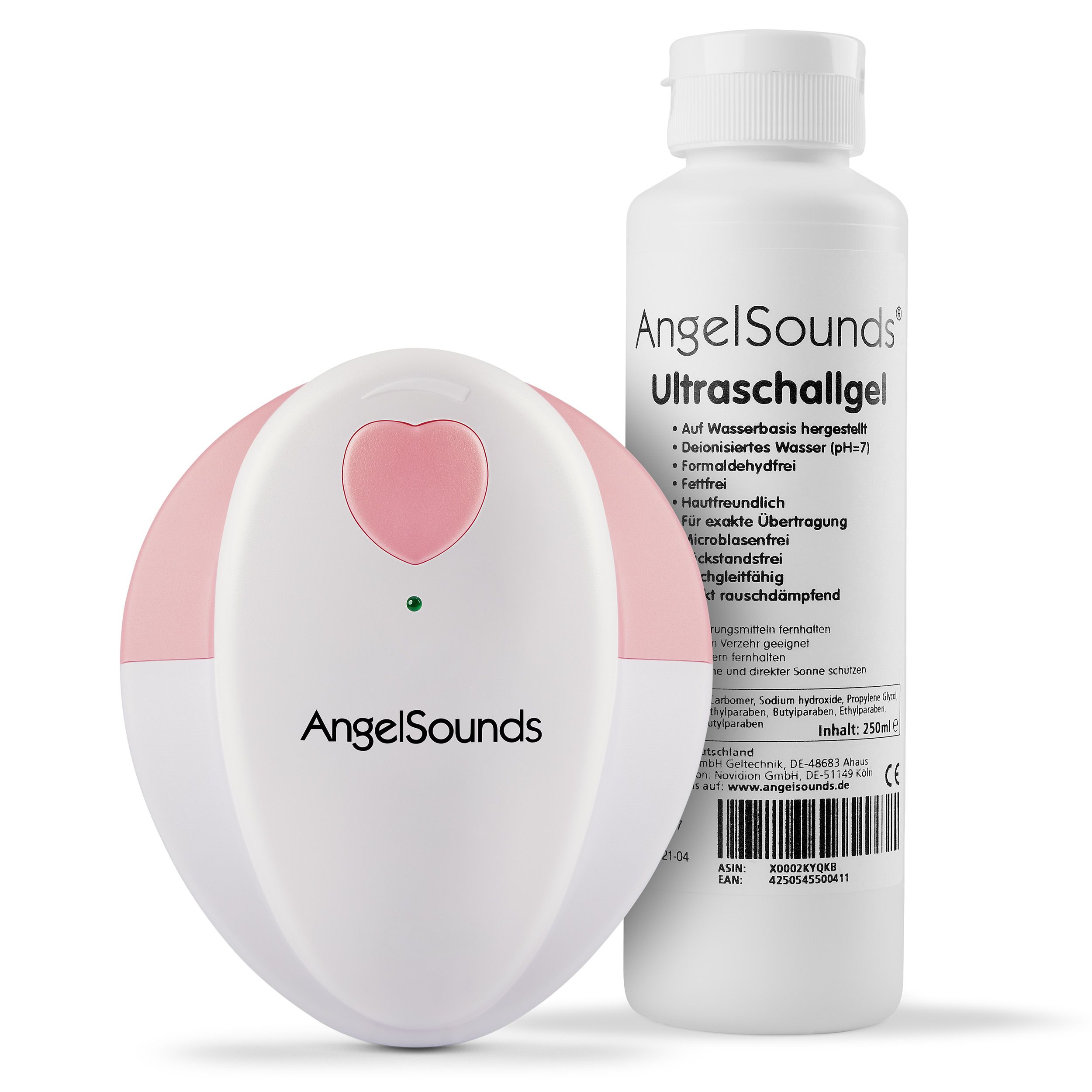 Fetal-Doppler und Ultraschallgel-Flasche. Marke AngelSounds.
