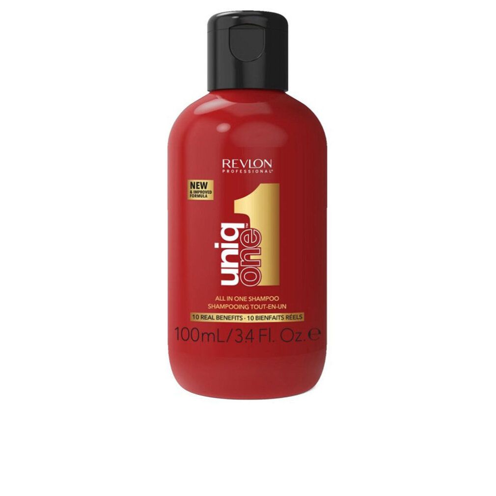 Rote Flasche Revlon Uniq One Shampoo mit schwarzem Pumpspender, 100ml.