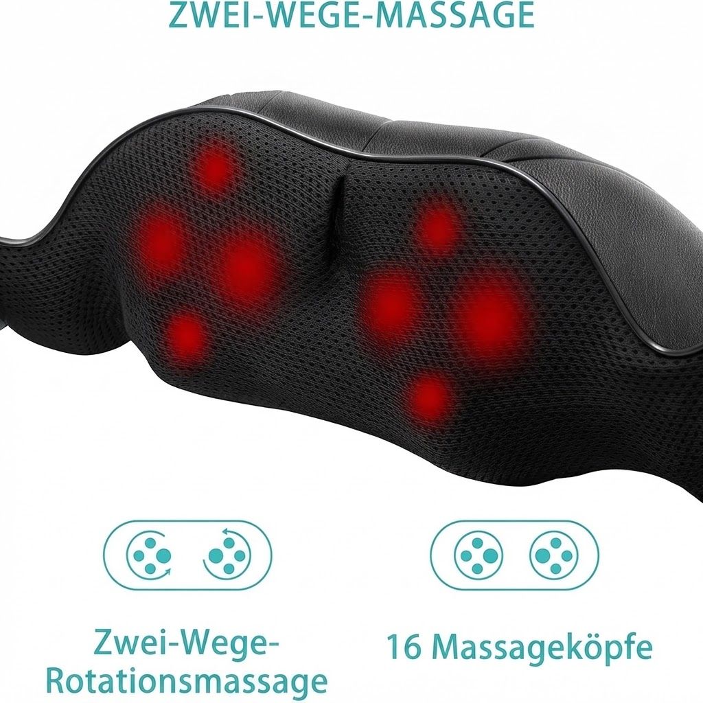 Nahaufnahme eines Nackenmassagegeräts mit roten Heizpunkten und Massageköpfen.