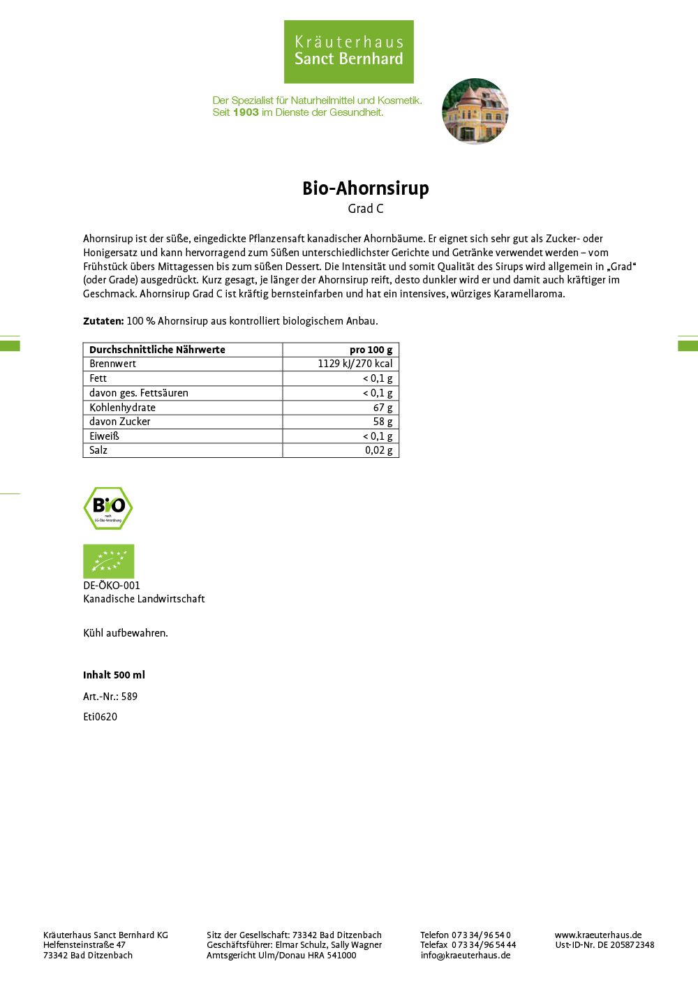 Sanct Bernhard Bio-Ahornsirup Grad C