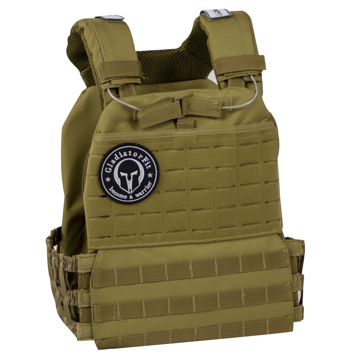 Olivgrüne Gewichtsweste mit Logo "GladiatorFit". Front mit Molle-System, Klettflächen. Schultergurte mit Klettverschluss.