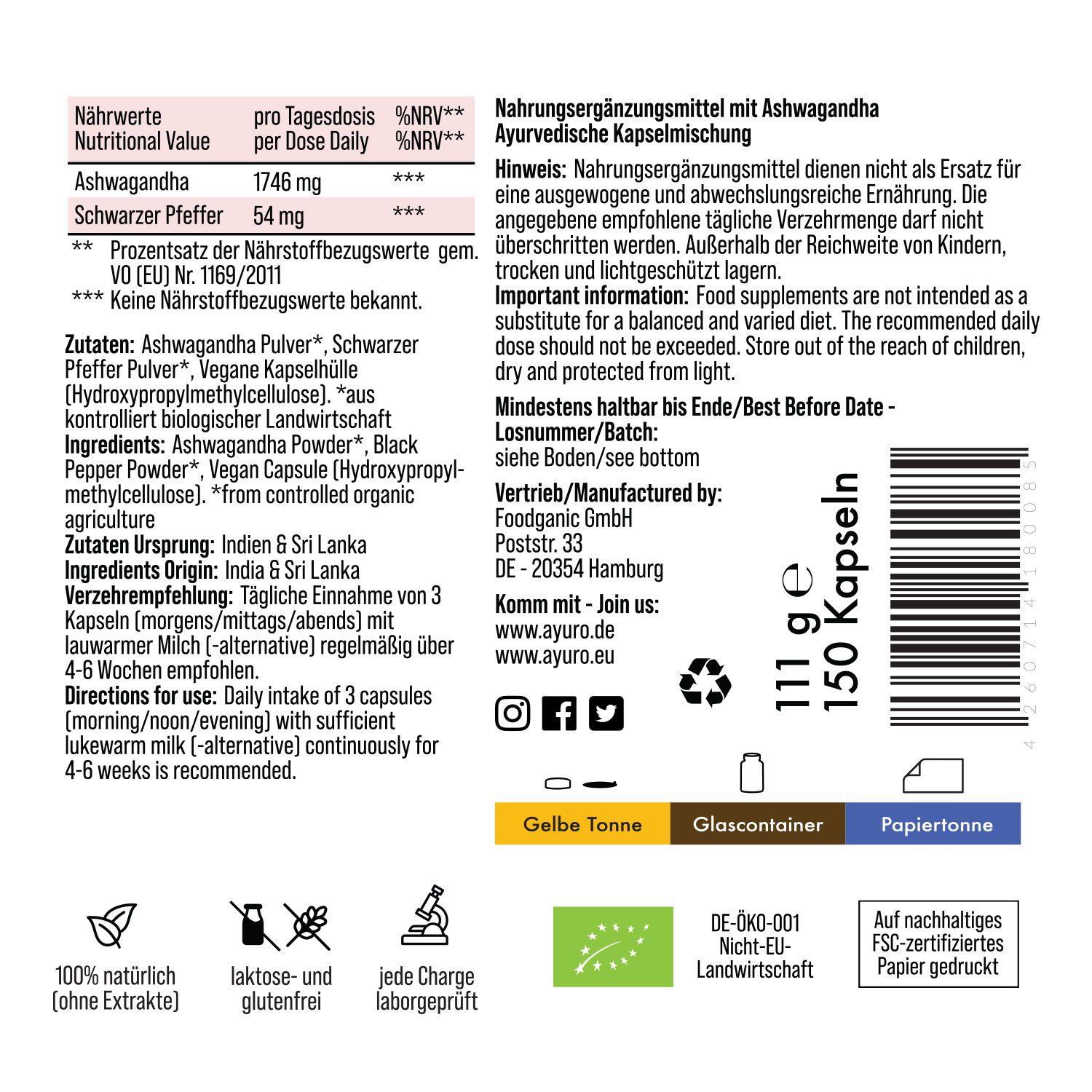 Rückseite der Produktflasche. Enthält Informationen zu Inhaltsstoffen, Nährwerten und Anwendung. 150 Kapseln.