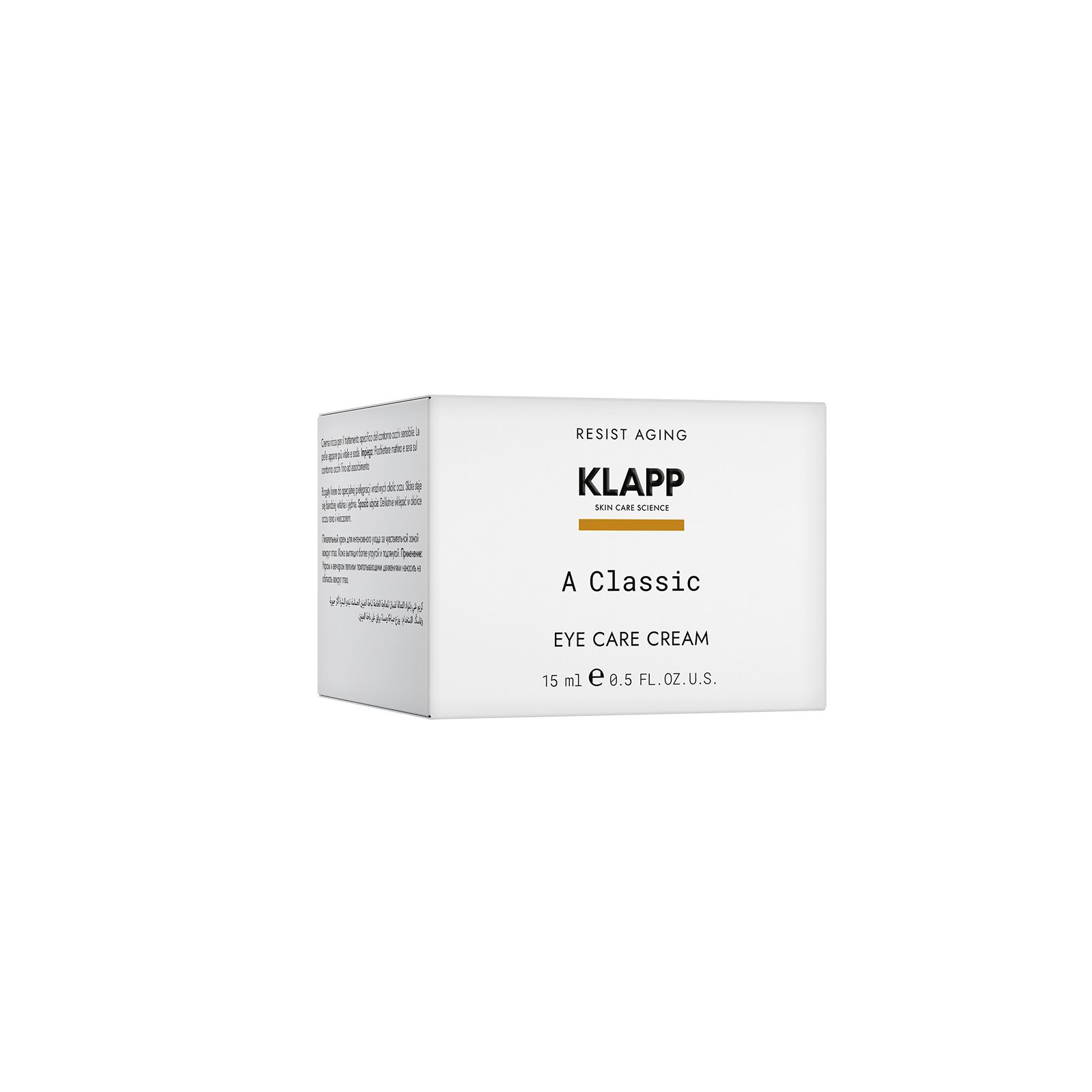 Weiße rechteckige Verpackung. Aufschrift: KLAPP, A Classic Eye Care Cream. Text: Resist Aging. 15 ml.