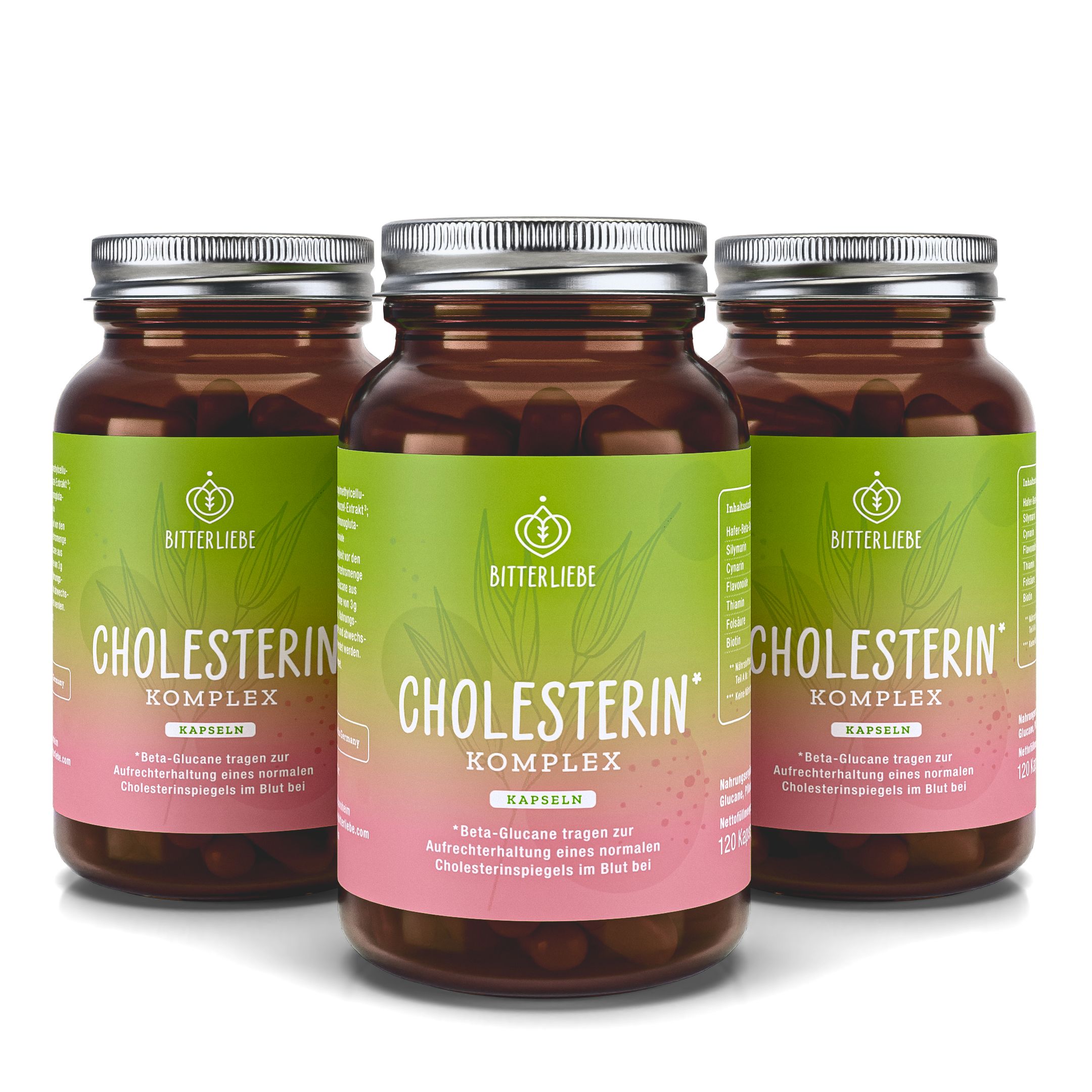 Drei braune Glasflaschen mit BitterLiebe Cholesterin Komplex Kapseln. Aufschrift: Cholesterin Komplex. Enthält 120 Kapseln.