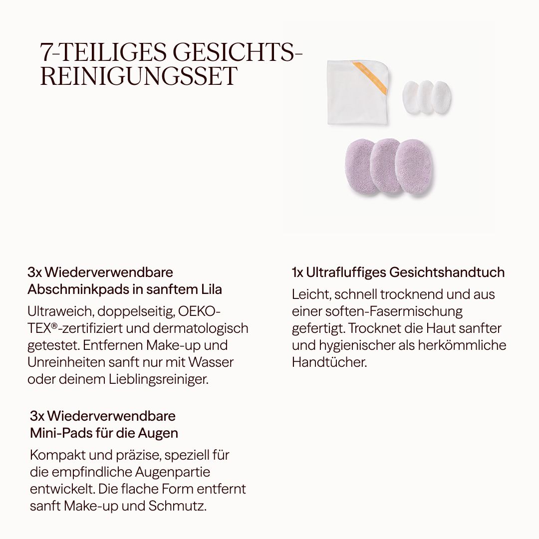 7-teiliges Gesichtsreinigungsset. Enthält Pads, ein Gesichtstuch. Text: Wiederverwendbar, Oeko-Tex zertifiziert.