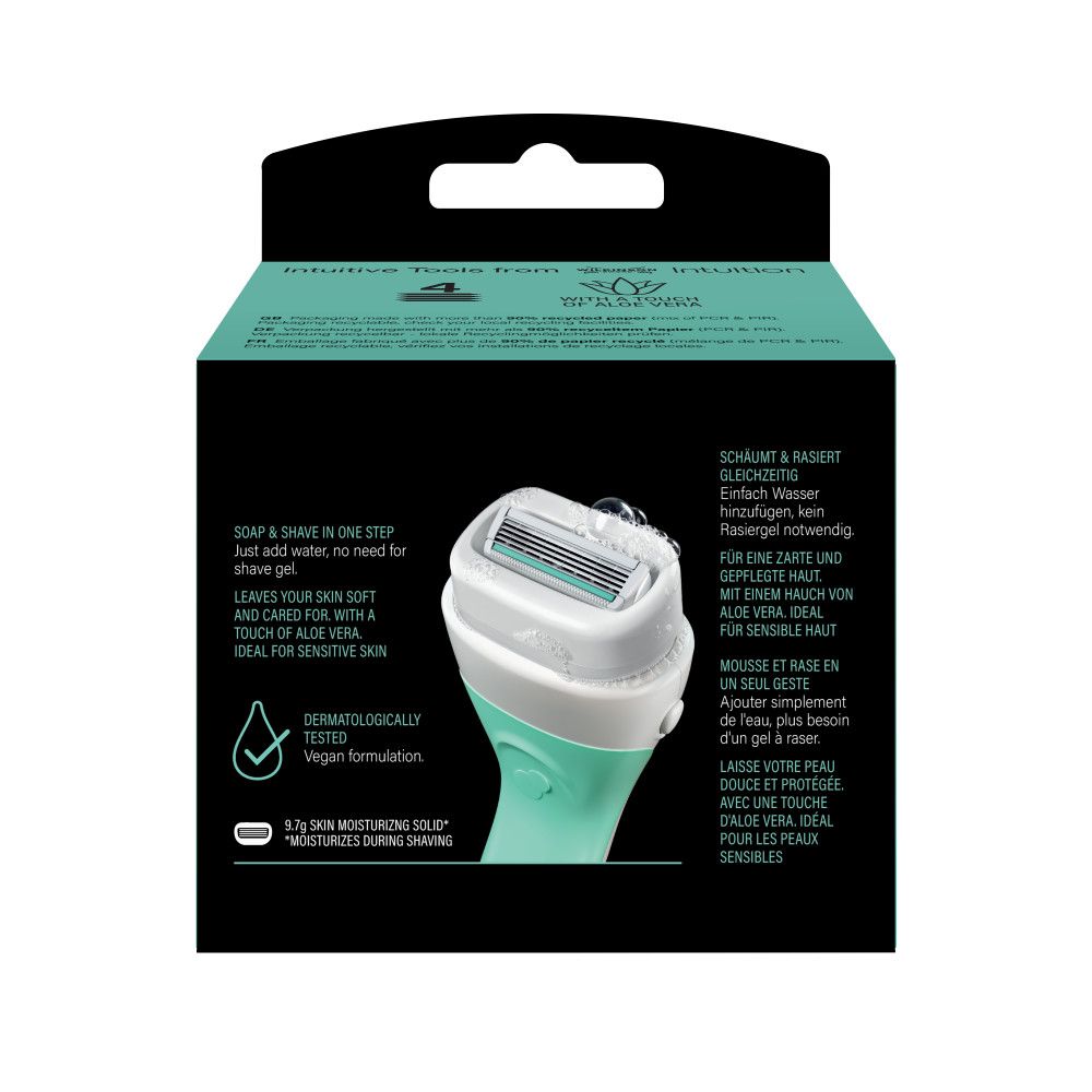 Verpackung mit Wilkinson Sword Intuition Rasierklingen, 4 Stück.