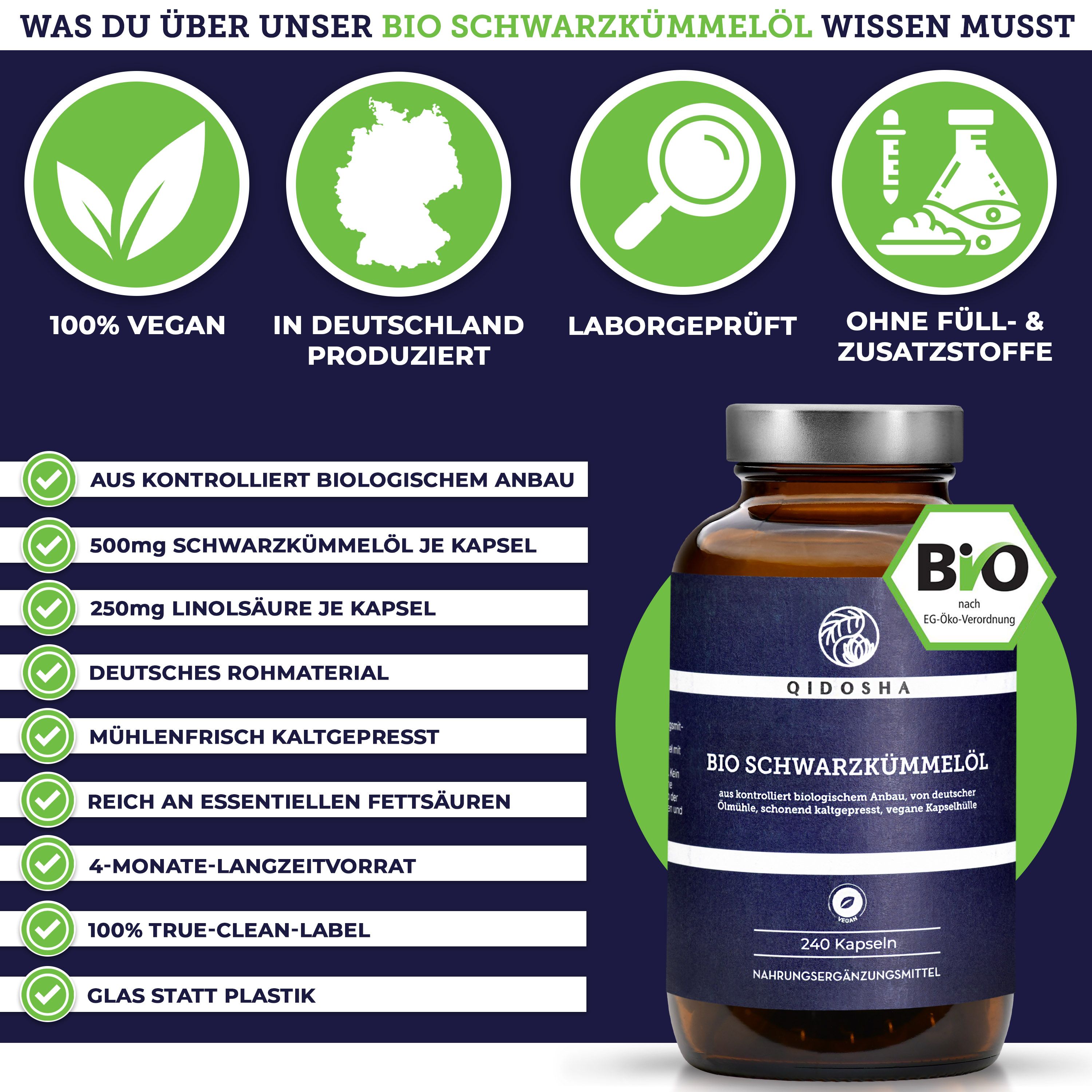 Glasflasche mit blauem Etikett. QIDOSHA BIO SCHWARZKÜMMELÖL. 240 Kapseln. Bio-Siegel. Text mit Informationen: vegan, Laborgeprüft, etc.