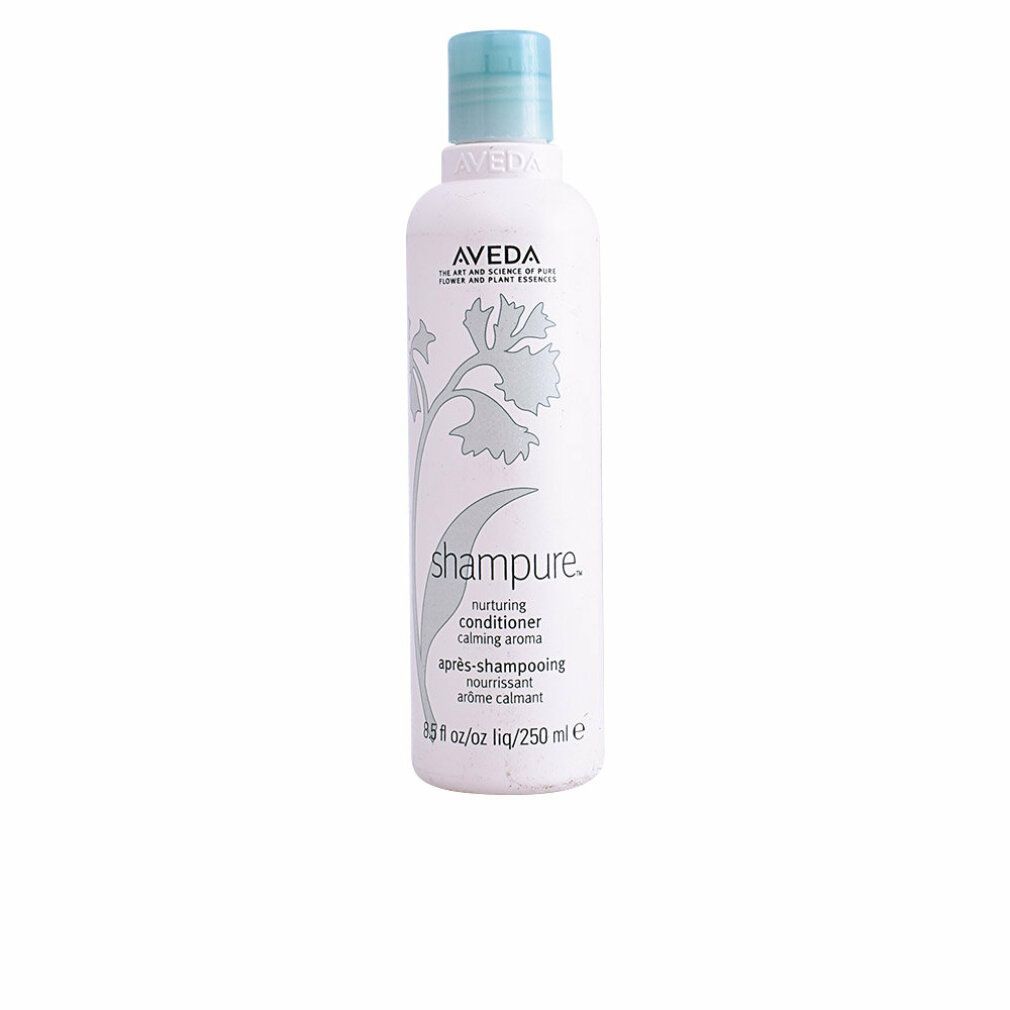 Weiße Flasche mit blauem Deckel. Aufschrift: Aveda, Shampure, Après-shampooing Nourrissant. Floral-Dekor.