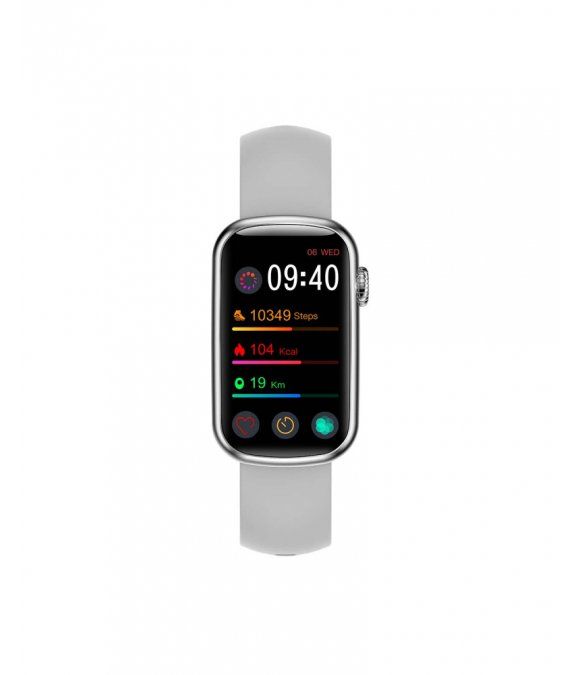 Smartwatch mit silbernem Gehäuse und grauem Armband. Anzeige von Uhrzeit, Schritten, Kalorien und Distanz.