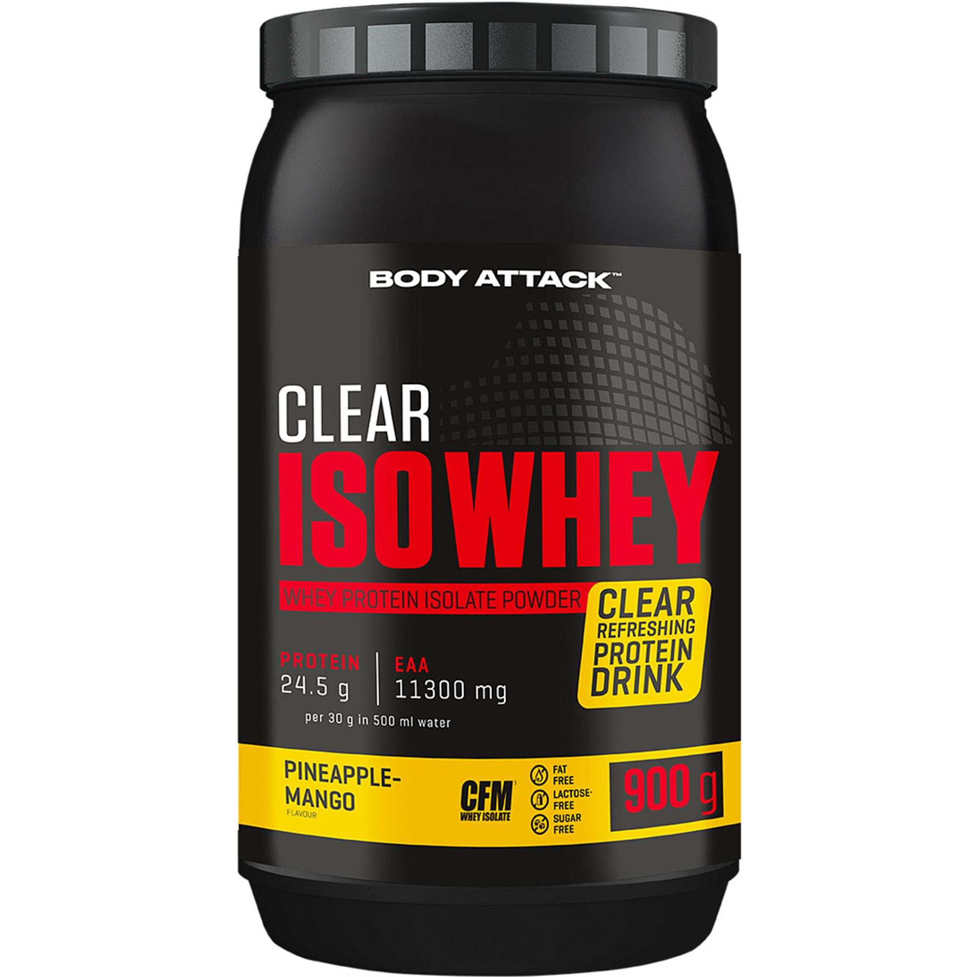 Body Attack Clear Iso Whey - Moro, 900g, Proteine Isolate Trasparenti, 24g Proteine, 11.400mg EAA, Zero Zuccheri, Fatto In Germania