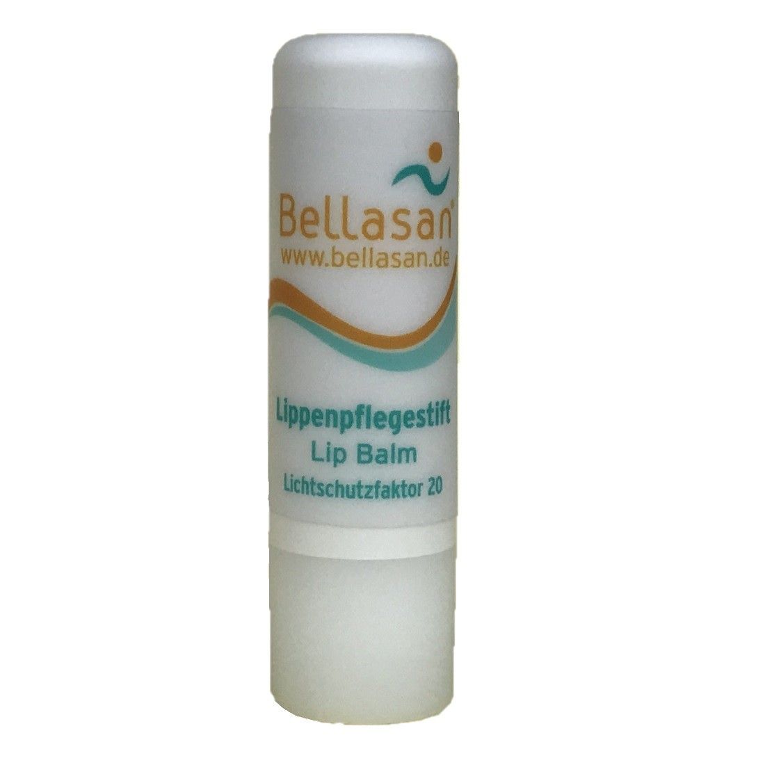 Bellasan® Lippenpflegestift, LSF 20. Weiße Hülle mit weißem Ende. Aufschrift: Lippenpflegestift, Lip Balm, Lichtschutzfaktor 20.