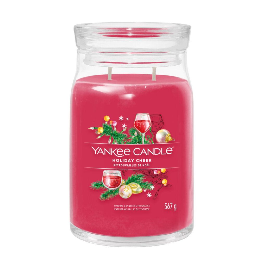 Rote Kerze mit Glasdeckel. Aufschrift: Yankee Candle Holiday Cheer. 567 g.