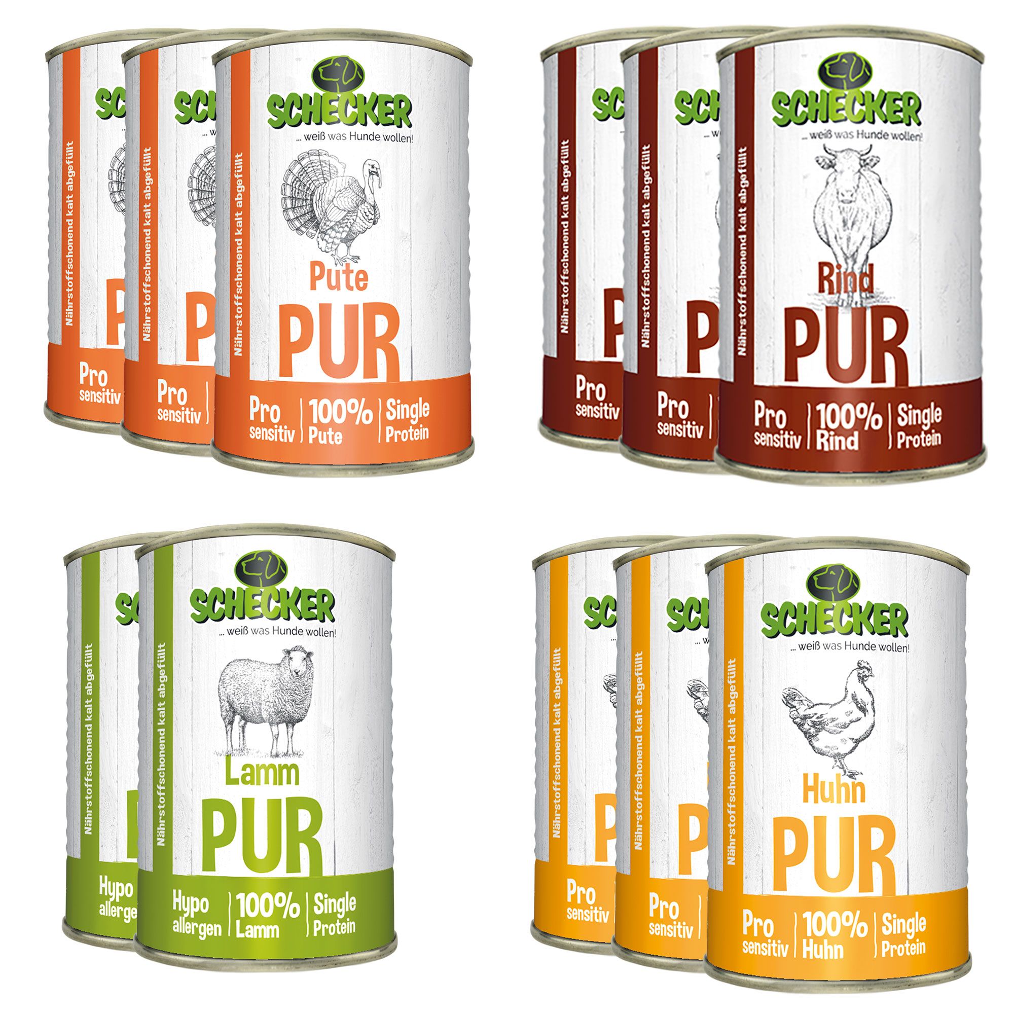 Mehrere Dosen Hundefutter, verschiedene Sorten. Aufschrift: Schecker PUR, Pute, Rind, Lamm, Huhn. Pro 100% Single Protein.