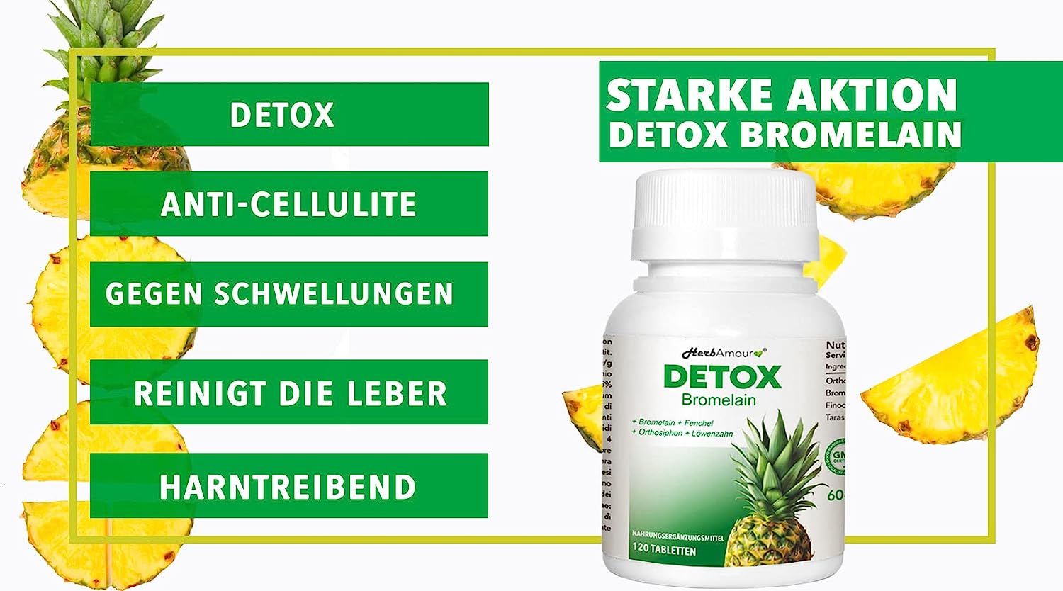 DETOX BROMELAIN  Stark Und Effektiv Entwässernd Und Harntreibend  120 Hochdosierten Tabletten