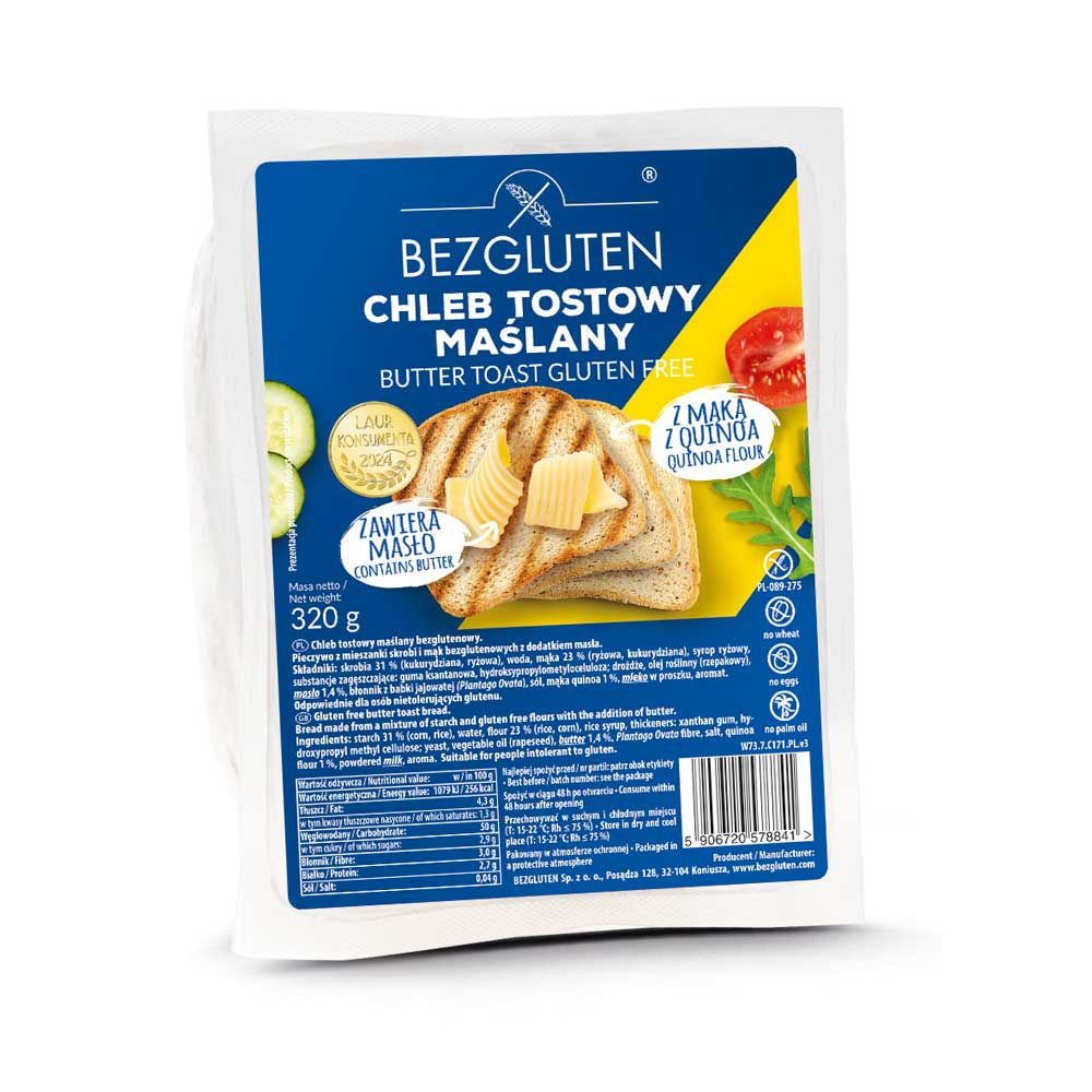 Verpackung von Bezgluten Butter Toastbrot. Blaue und gelbe Verpackung mit Produktbild und Text. Enthält Butter und Quinoa-Mehl.