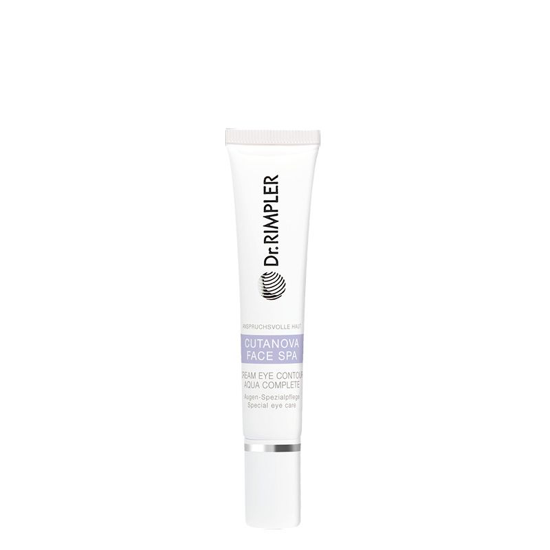 Creme-Tube. Aufschrift: Dr. Rimpler, Cutanova Face SPA, Cream Eye Contour Aqua Complete. Weißes Produkt, lila Akzente.
