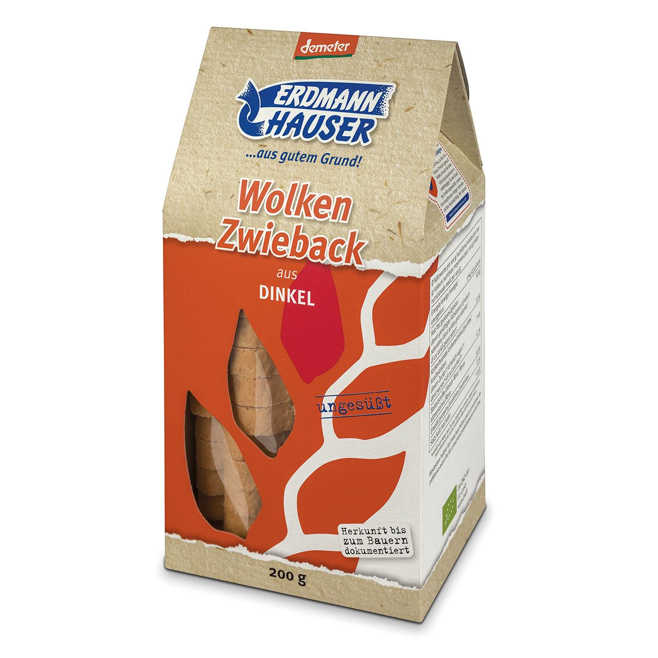 Verpackung von Wolken Zwieback aus Dinkel. Sichtfenster zeigt Zwieback. Marke: Erdmann Hauser, Demeter-Siegel.