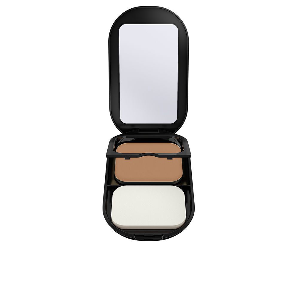 Kompakt-Make-up-Basis mit Spiegel, Puder und Schwamm. Schwarzes Gehäuse, geöffnet.