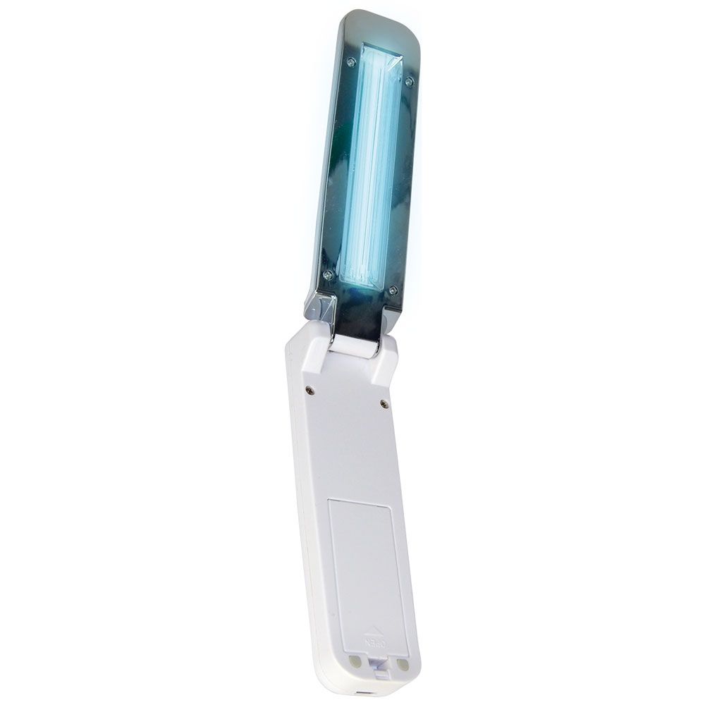 Weißes, klappbares UV-C-Desinfektionslicht. Oben blaues Leuchtmittel. Geöffnet, mit sichtbarem Leuchtbereich.