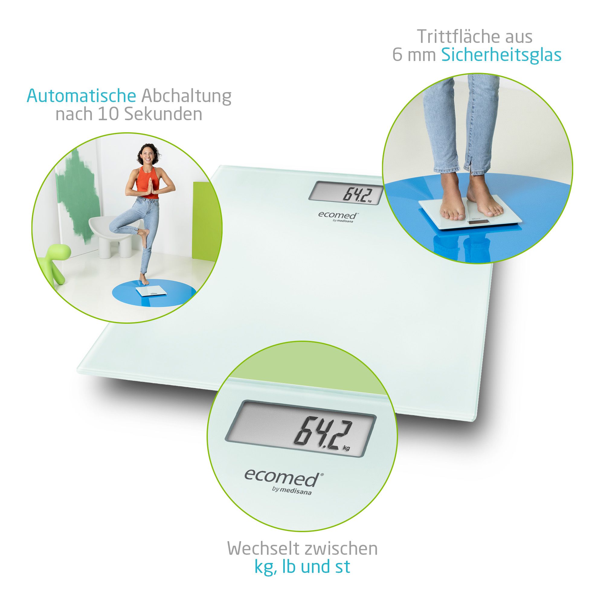 Weiße Glas Personenwaage mit digitaler Anzeige (64.2 kg). Trittfläche aus 6 mm Sicherheitsglas.