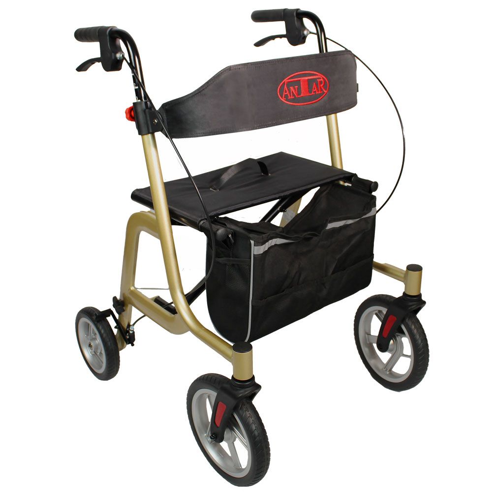 Rollator mit goldfarbenem Rahmen, schwarzem Sitz und Tasche. ANLAR-Logo auf der Rückenlehne. Vier Räder mit roten Akzenten.