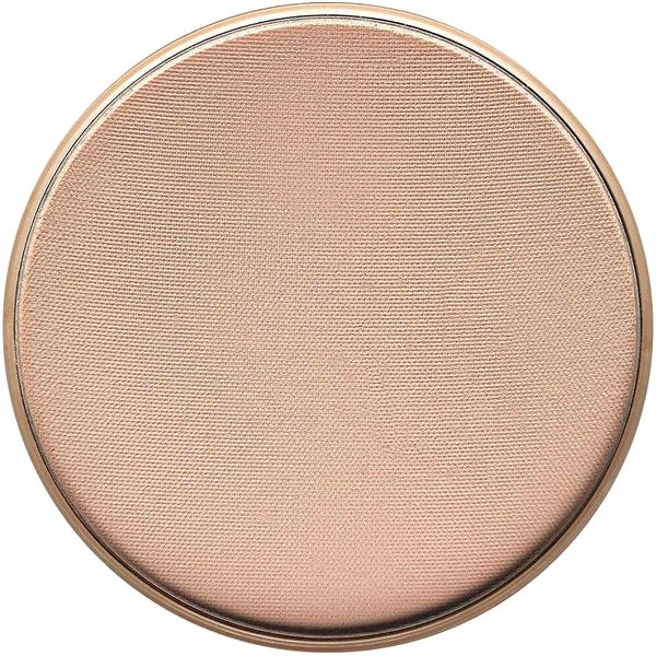 Runder, beigefarbener Foundation-Refill. Mit feiner, texturierter Oberfläche und goldenem Metallrand. Kompakte Form.