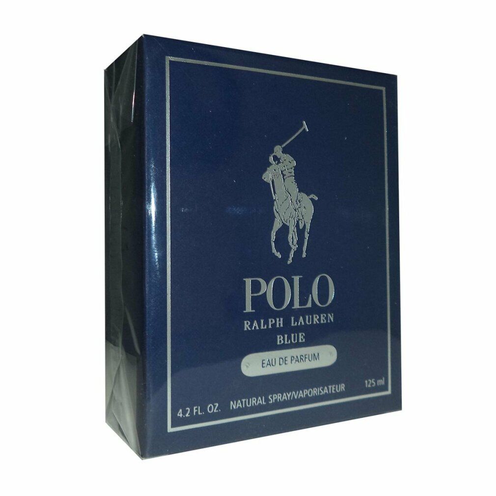 Blau verpacktes Parfüm. Auf der Verpackung steht Polo Ralph Lauren Blue Eau de Parfum.
