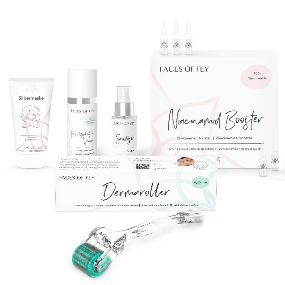 FACES OF FEY Microneedling Set: Dermaroller, Serum, Maske, Niacinamid Booster, Sanitzer. Verpackung mit Produktnamen und Logo.