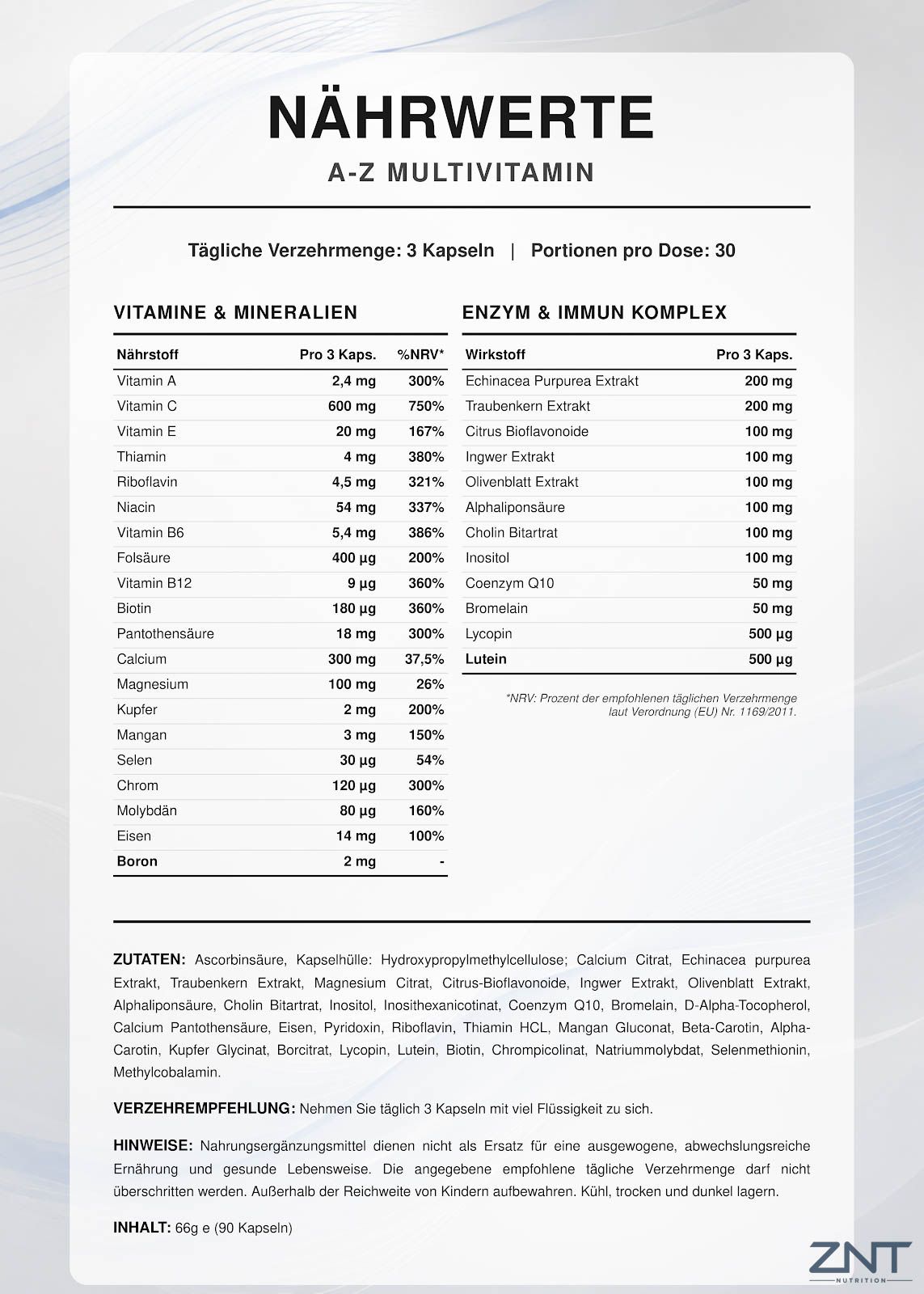 Nährwerttabelle für ZNT Nutrition A-Z Multivitamin, 90 Kapseln.