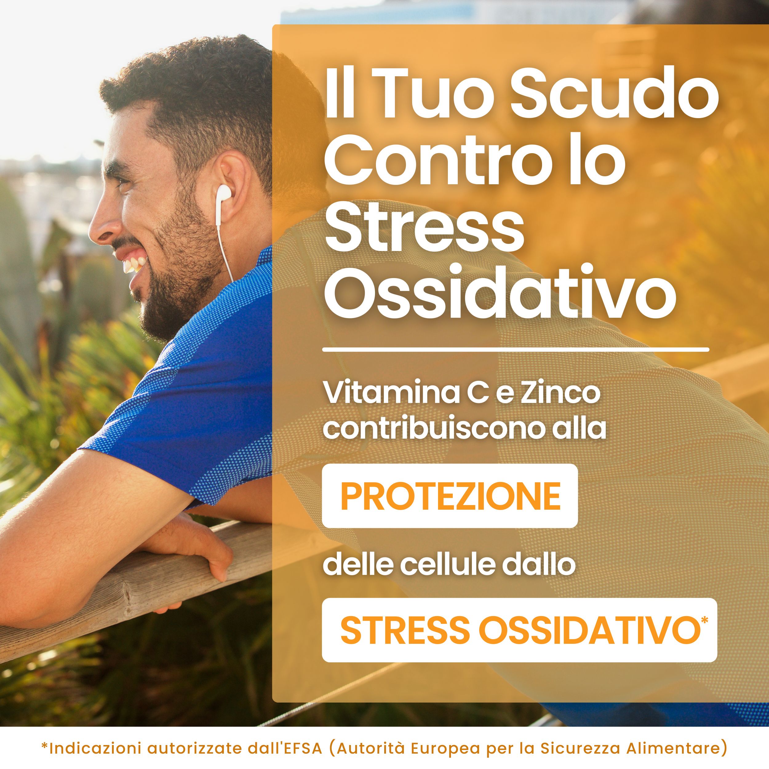 Donna con cuffie. Testo: La vitamina C contribuisce alla riduzione della stanchezza. Lo zinco contribuisce alla funzione cognitiva. Approvato dall'EFSA.