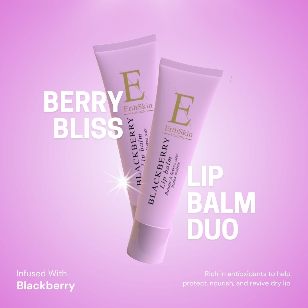 Zwei rosa Lippenbalsam-Tuben. Aufschrift: Berry Bliss, Blackberry Lip Balm. Marke: ErthSkin London.