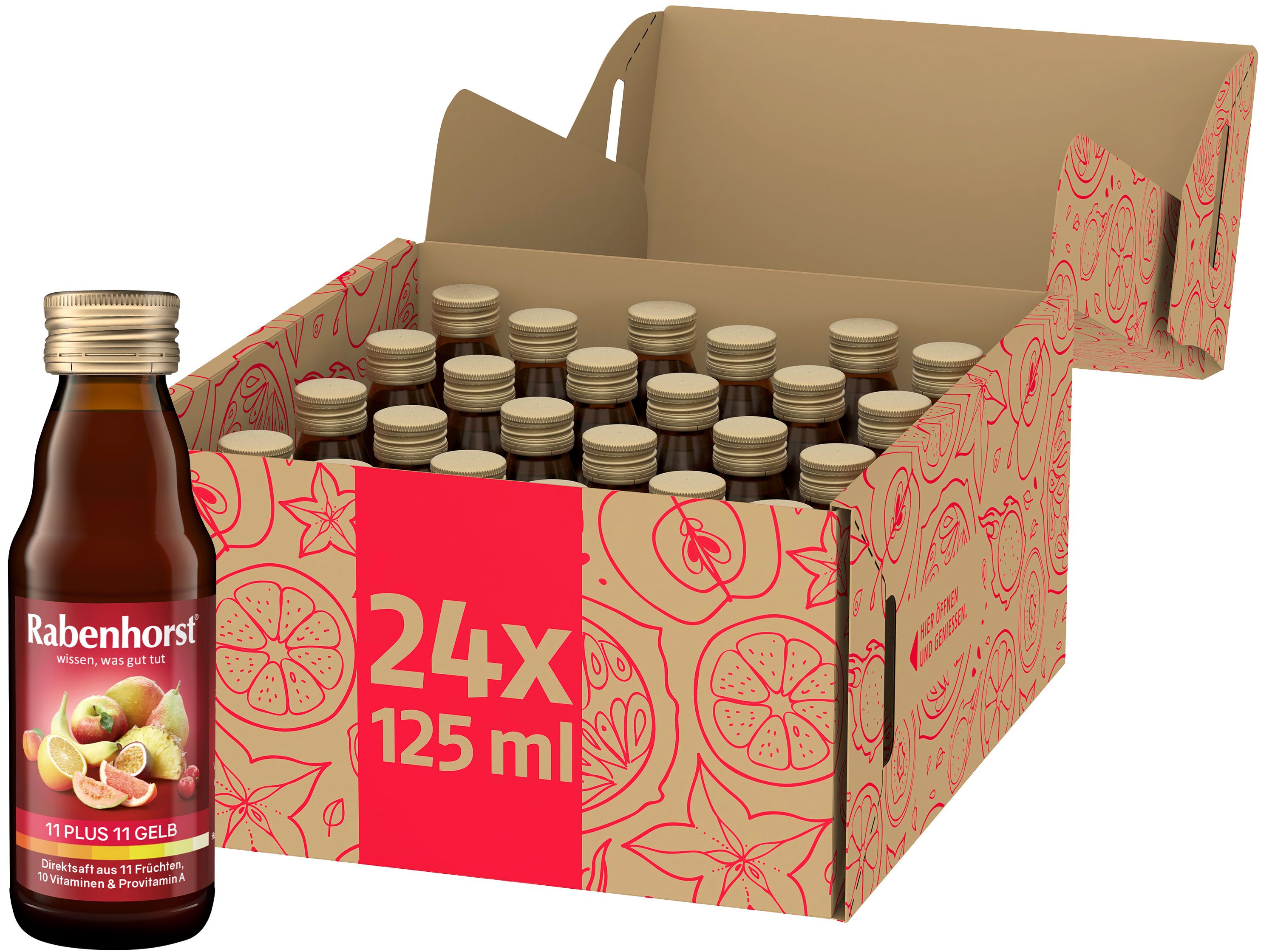 Karton mit Rabenhorst 11 Plus 11 gelb Mini Flaschen. Einzelne Flasche links. Aufdruck: 24x125 ml.