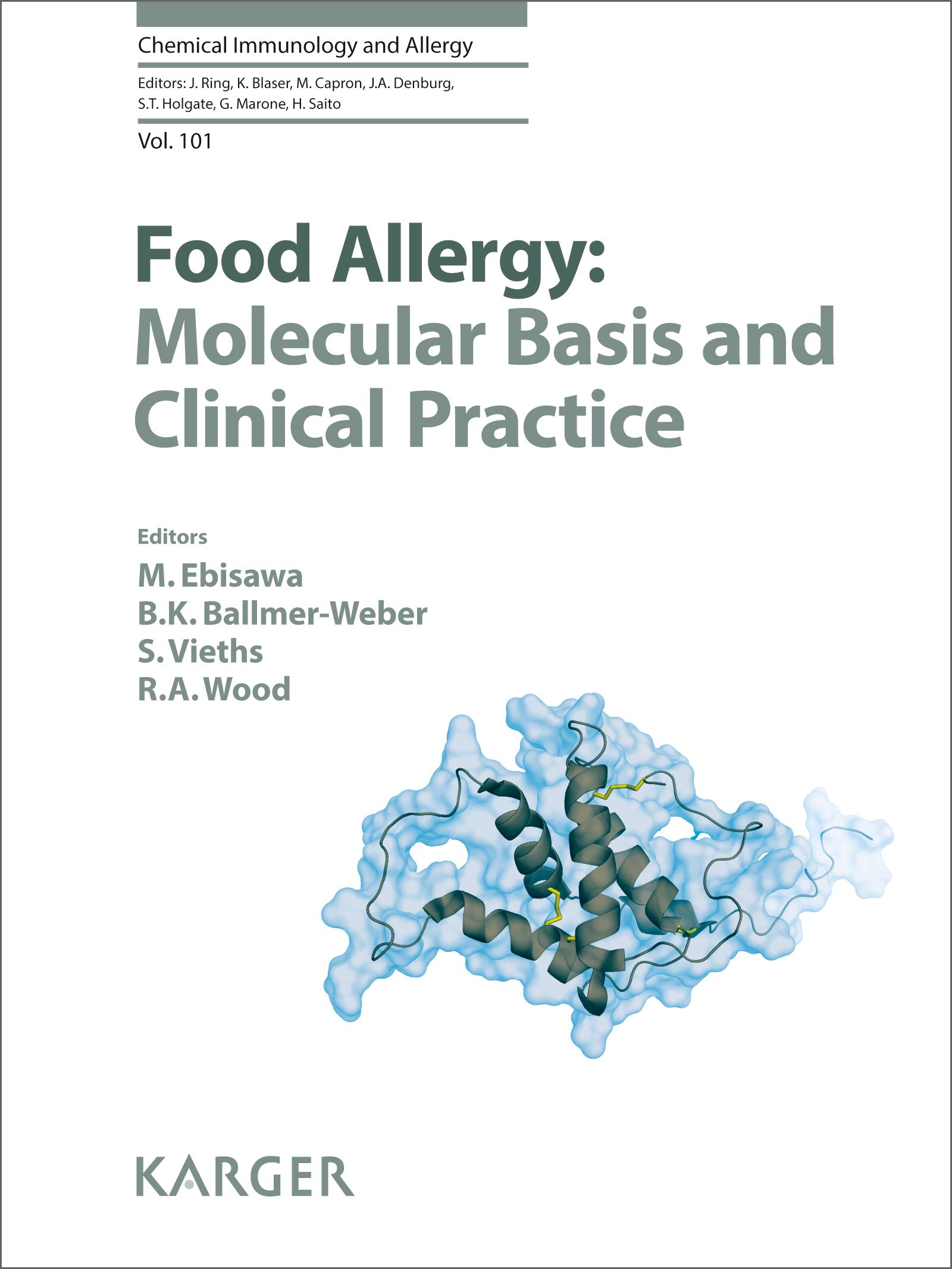 Buchcover mit Titel "Food Allergy: Molecular Basis and Clinical Practice". Autoren und Verlag KARGER sichtbar. Abbildung eines Moleküls.